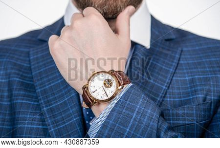 Class Is Timeless. Wristwatch Worn On Male Arm Wrist. Business Wristwatch Collection. Time Managemen