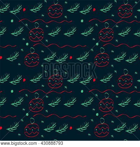 New Year With A Christmas Tree Branches. The Background Of A Winter Sweater, Hand-drawn With Christm