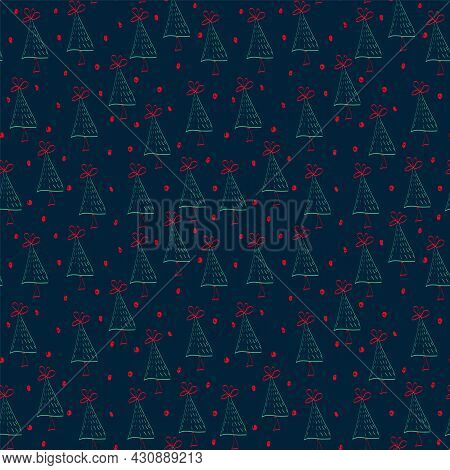 New Year Pattern With Christmas Trees On Dark. Modern Background Of Trees In A Circle Of Snowflakes.