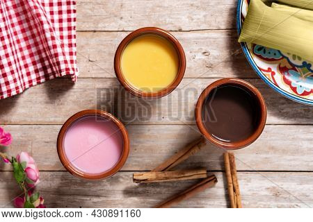 Traditional Mexican Atole Drink On Wooden Table. Top View