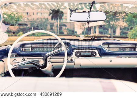 Varadero, Cuba - May 20, 2021: Convertible, The Original Dashboard Of A Retro Car