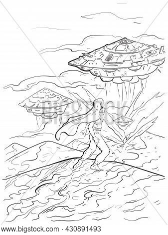 Enemy Attack Of Spaceships In The Desert. Vector Illustration