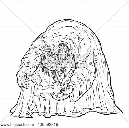 Ugly Monster Old Woman In Mask Of Kind Character Offering Sweets To Child. Trap For Children Concept