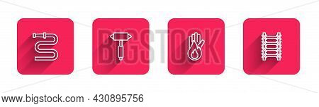 Set Line Fire Hose Reel, Firefighter Axe, No Fire And Escape With Long Shadow. Red Square Button. Ve