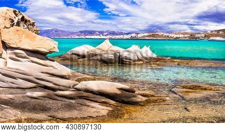 Greece sea and best beaches. Paros island. Cyclades. Kolimbithres -famous and beautiful beach in Naoussa bay