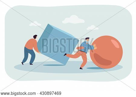 Businessmen Pushing Abstract Ball And Cube In Race. Flat Vector Illustration. Smart Men Competing Fo