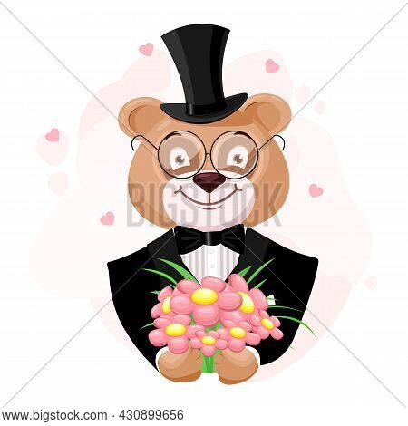 Bear With A Bouquet Of Flowers. Bear Gentleman Wearing A Tselindre Hat And Glasses. Vector Illustrat