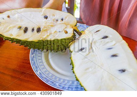 Sliced Soursop Sauersack Annona Muricata Tropical Fruit On White Plate And Wooden Table In Bentota S