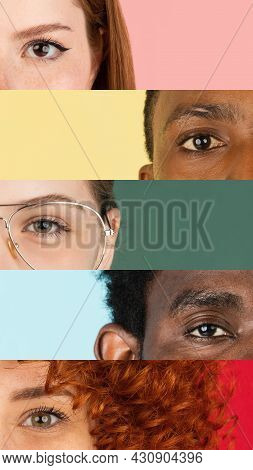 Vertical Composite Image Of Close-up Male And Female Eyes Isolated On Colored Neon Backgorund. Multi
