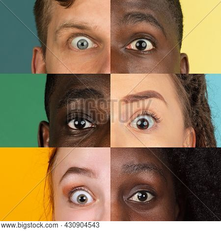 Vertical Composite Image Of Close-up Male And Female Eyes Isolated On Colored Neon Backgorund. Multi