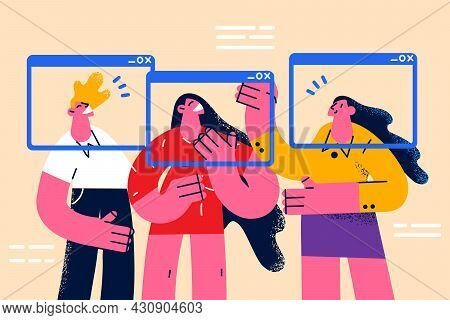 Online Conference And Video Chat Concept. Group Of Young People Cartoon Characters Holding Smartphon