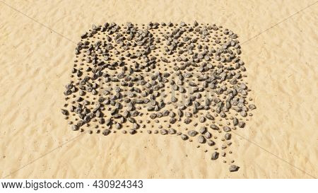 Concept conceptual stones on beach sand handmade symbol shape, golden sandy background, cloud sign. 3d illustration metaphor for communication, online talking, chatting, internet discussion