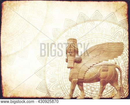 Grunge background with paper texture, zentangle mandala pattern and lamassu - human-headed winged bull statue, Assyrian protective deity. Copy space for text. Mock up template