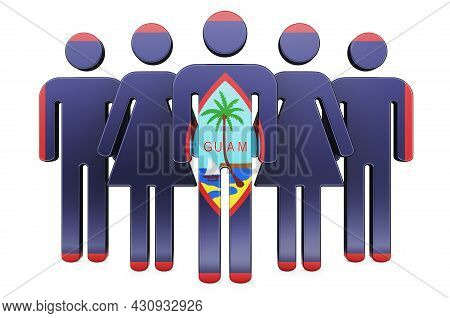 Stick Figures With Guamanian Flag. Social Community And Citizens Of Guam, 3d Rendering Isolated On W