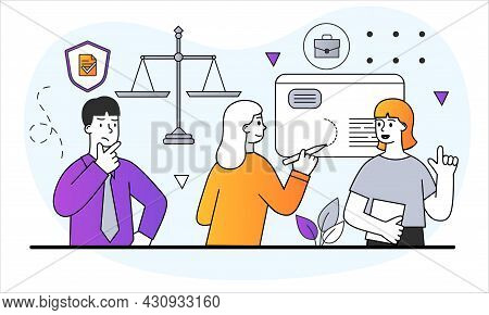 Law And Jurisprudence Concept. Students Study Rights And Freedom Of Citizens. Libra As Symbol Of Fai