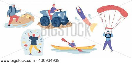Set Of Vector Cartoon Characters In Outdoor Activities Scenes, They Ride Atv, Do Diving And Rock Cli