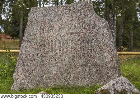 Close Up View Of Runestone With Inscription From The 1000s Ad. Sweden. Uppsala. 08-25-2021