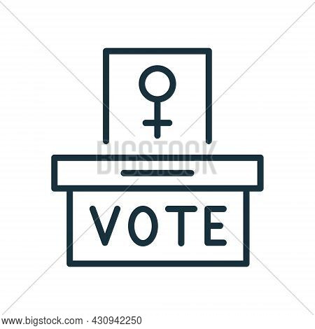 Woman Vote Right Line Icon. Female Sign On Ballot Linear Pictogram. Ballot Container With Women Voti