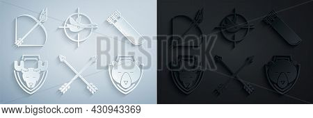 Set Crossed Arrows, Quiver With, Moose Head On Shield, Bear, Hunt Duck Crosshairs And Bow And Fire I