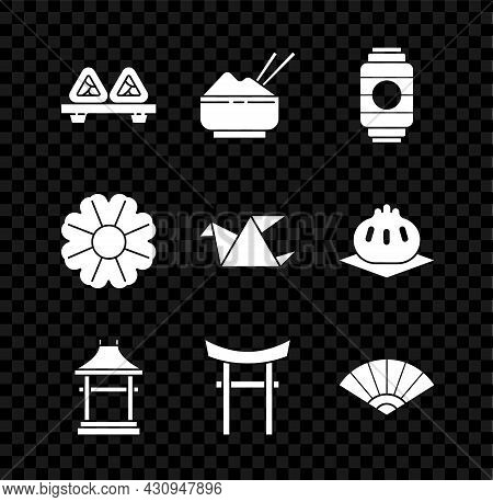Set Sushi On Cutting Board, Rice Bowl With Chopstick, Japanese Paper Lantern, Gate, Paper Chinese Or