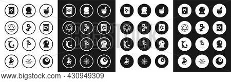 Set Magic Mortar And Pestle, Game Dice, Star Of David, Ancient Magic Book, Ball, And Moon Stars Icon