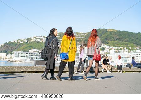 Wellington New Zealand - July 31 2021;three Women   Walking Away Along Along Great Harbour Walk On C