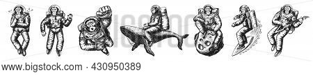 Monkey Astronaut With Whale, Guitar, Skateboard And Moon. Chimpanzee Spaceman Cosmonaut Characters S