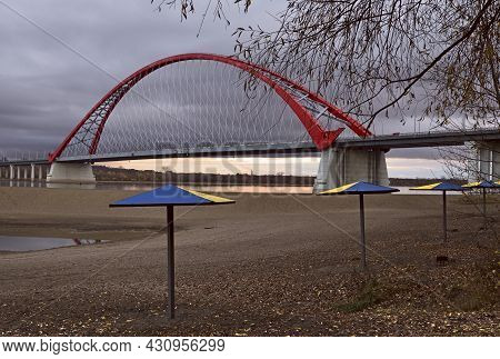 Beach Fungi, Autumn Leaves On The Sand, Gray Sky With Clouds, High Arched Bridge With A Network Of C