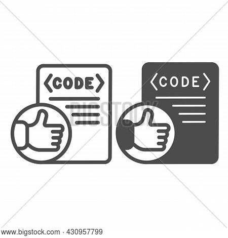 Thumbs Up On Code File, Coding Well Done Line And Solid Icon, Programming Concept, Software Vector S