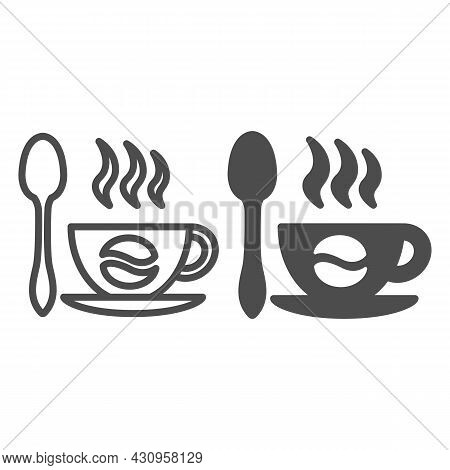 Cup Of Coffee On Sauser, Coffee Bean And Spoon Line And Solid Icon, Beverage Concept, Hot Drink Vect