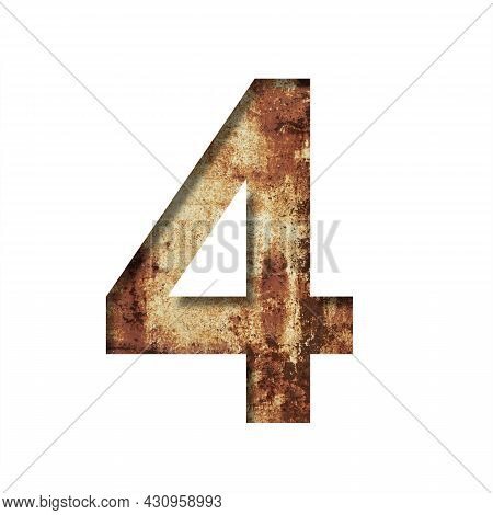 Rusty Iron Digits. Digit Four, 4 Cut Out Of Paper On The Background Of An Old Rusty Iron Sheet With 