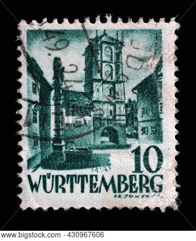 ZAGREB, CROATIA - JUNE 22, 2014: Stamp printed in Germany, French Occupation of Wurttemberg shows City Gate from Wangen, circa 1948