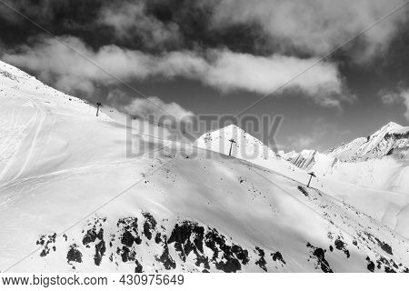 Off-piste Slope And Chair-lift On Ski Resort At Sun Day. Caucasus Mountains In Winter, Georgia, Regi
