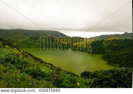 Panoramic View To Caldeira Funda Lake At Flores Island At Azores. Portugal