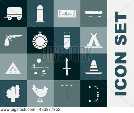 Set Bow And Arrow In Quiver, Mexican Sombrero Hat, Indian Teepee Or Wigwam, Stacks Paper Money Cash,