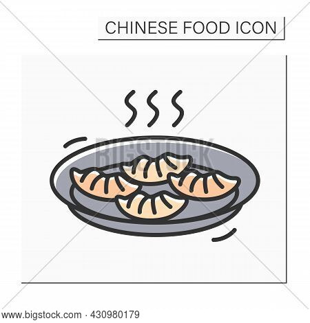 Dim Sum Color Icon. Tasty Steaming Hot Chinese Dimsum Dumplings Or Baozi Steamed Buns Plate. Concept