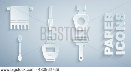 Set Perfume, Cotton Swab For Ears, Shaving Razor, Nail File And Towel Hanger Icon. Vector