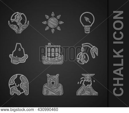Set House Flood, Polar Bear Head, Volcano Eruption With Lava, Gas Pump Nozzle And Globe, Global Warm