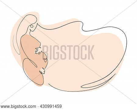 Modern Banner About Pregnancy And Motherhood. Pregnant Woman, Side View, Line Drawing With Pink Plac