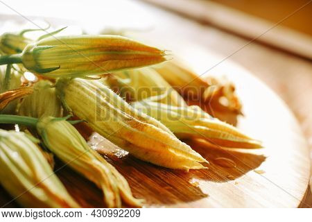 Fresh Close Up Zucchini Flowers At The Kitchen, Delicious