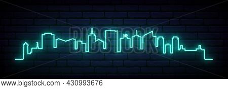 Blue Neon Skyline Of Anchorage. Bright Anchorage City Long Banner. Vector Illustration.