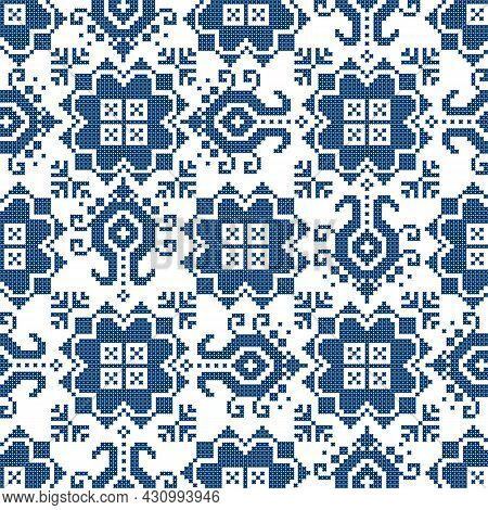 Zmijanje Retro Embroidery Style Vector Seamless Pattern With Flowers  - Traditional Folk Art Design 