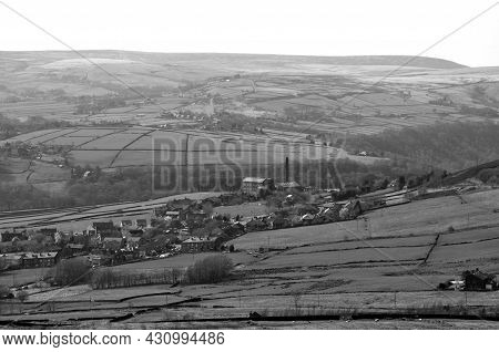 Monochrome Scenic View Of The Village Of Old Town In Calderdale West Yorkshire With Surrounding Penn