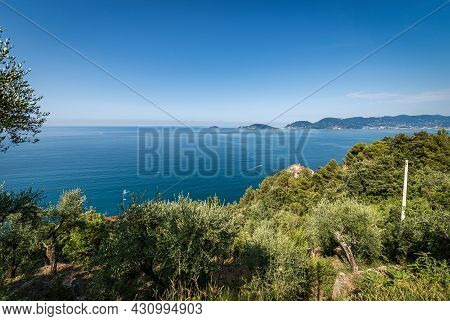 Gulf Of La Spezia And Mediterranean Sea, Above The Small And Ancient Tellaro Village, On The Horizon