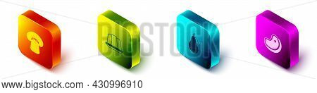 Set Isometric Mushroom, Jelly Cake, Pear And Steak Meat Icon. Vector