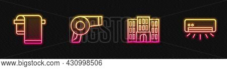 Set Line Hotel Building, Towel On Hanger, Hair Dryer And Air Conditioner. Glowing Neon Icon. Vector