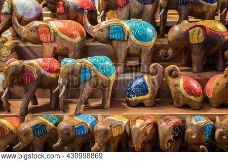 Close-up View Of The Carved Wooden Elephants Selling In The Souvenirs Stall At Ratchada Rot Fai Trai