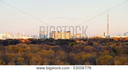 Skyline With Tv Tower And Pink Autumn Sunset