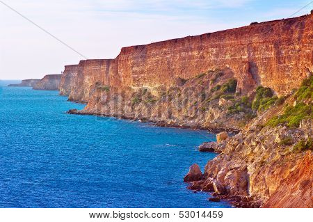 Coastal Red Rocks And Blue Sea Landscape Summer Traveling Headland Fiolent Cape Near Sevastopol Crim