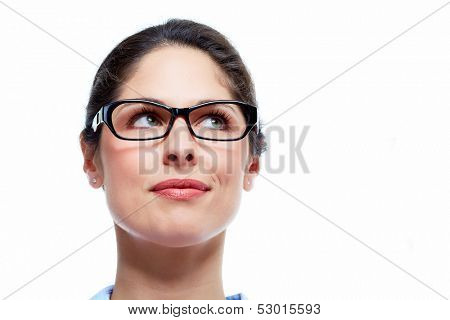Beautiful thinking business woman isolated white background